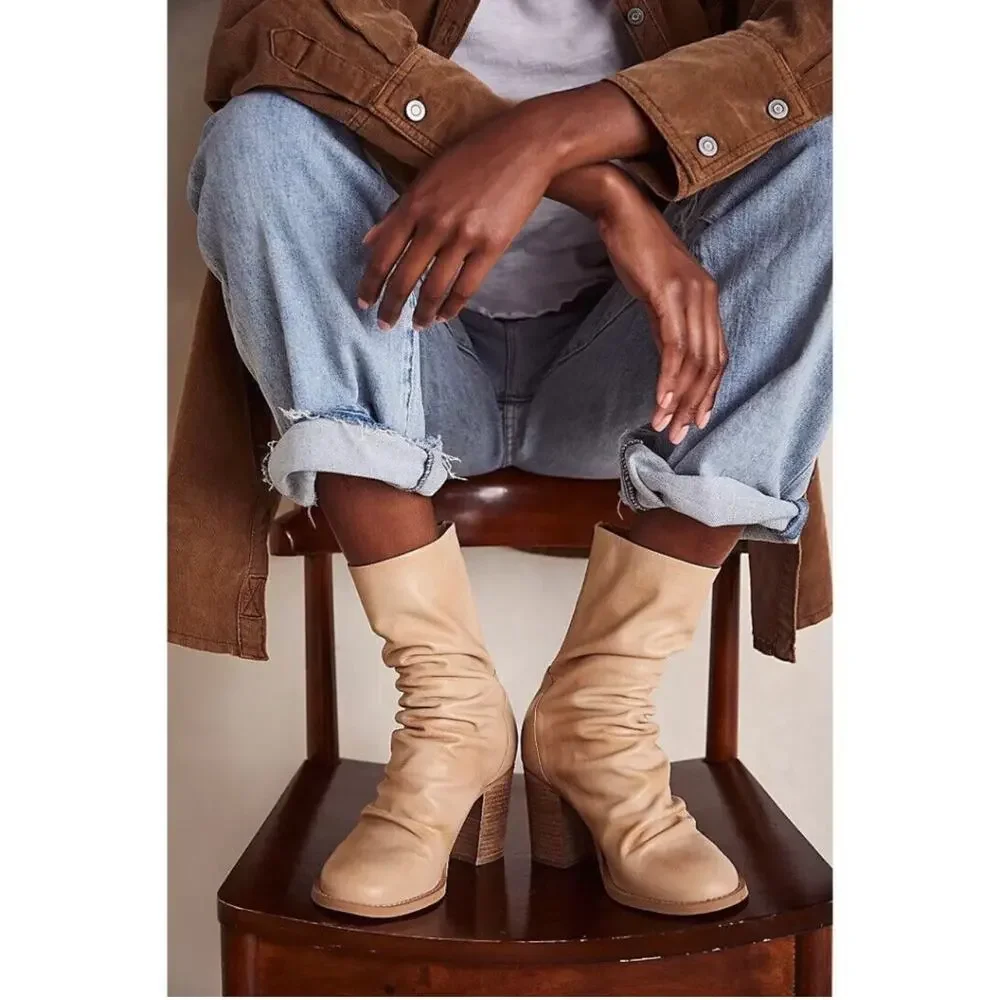 FREE PEOPLE Elle Boots Size 10 NEW Slouchy Leather Block Heel NWT/Box Beige Boho